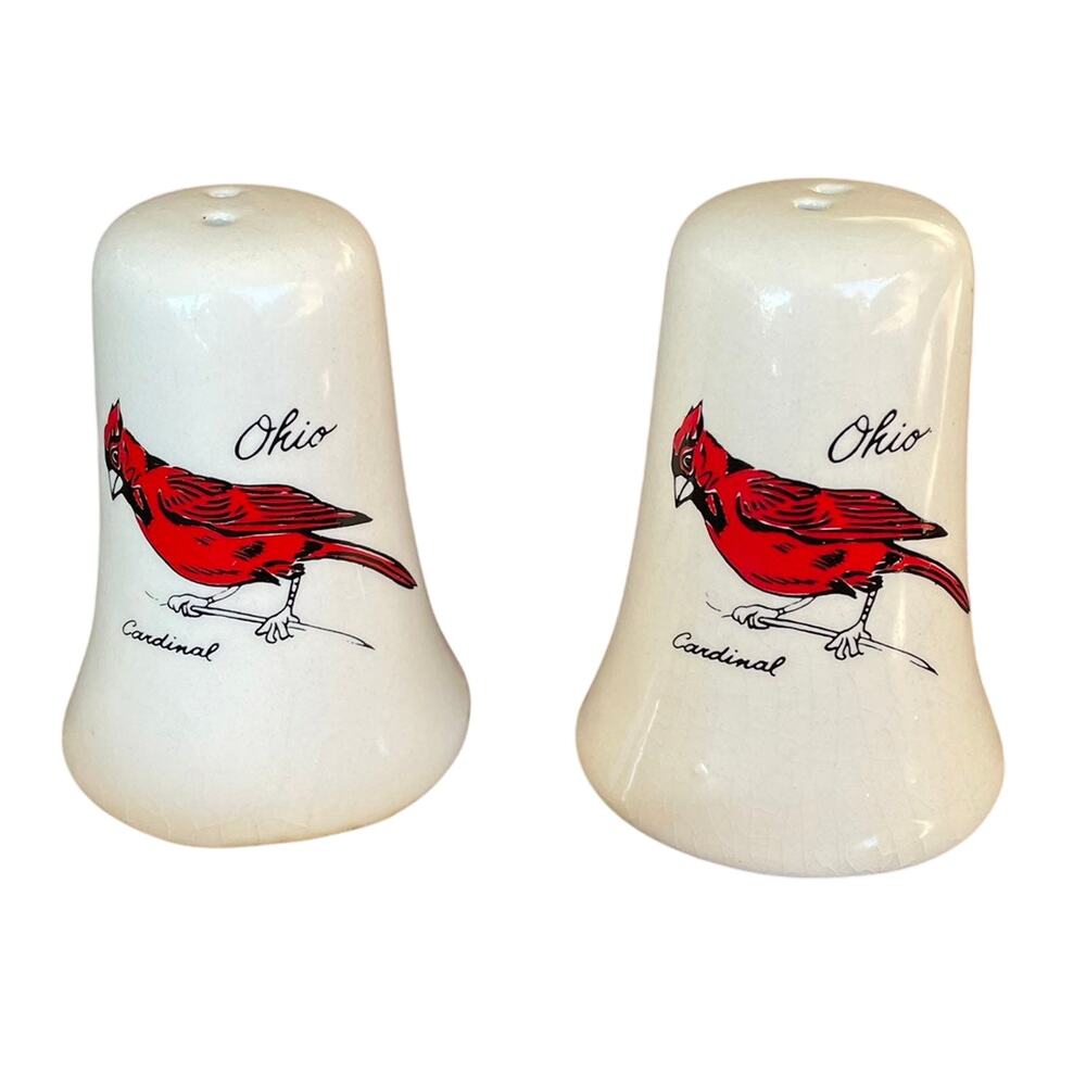 Vintage Ohio Salt & Pepper Shakers Cardinal Ceramic Red Bird Souvenir State